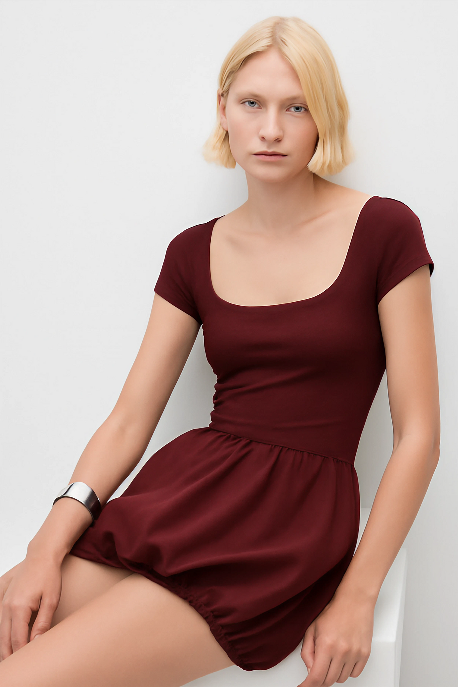 Burgundy Puff Skirt Mini Dress